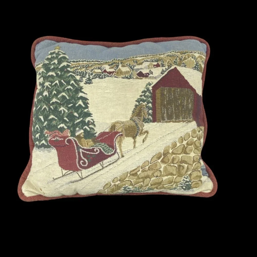 CHRISTMAS THROW PILLOWS -- Set of 2, Classic Santa/Winter Sleigh Scene, Vintage